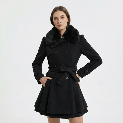 Dames Mantel Wolmix Met Bontkraag