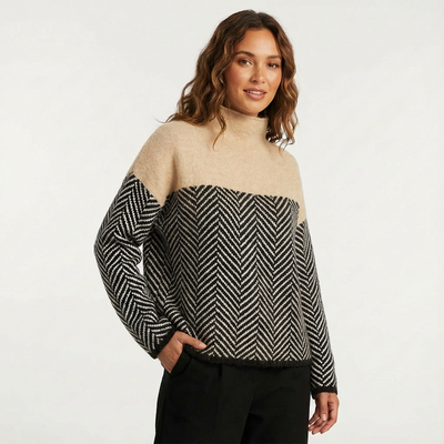 Dames Gebreide Trui Visgraat | Opstaande Kraag