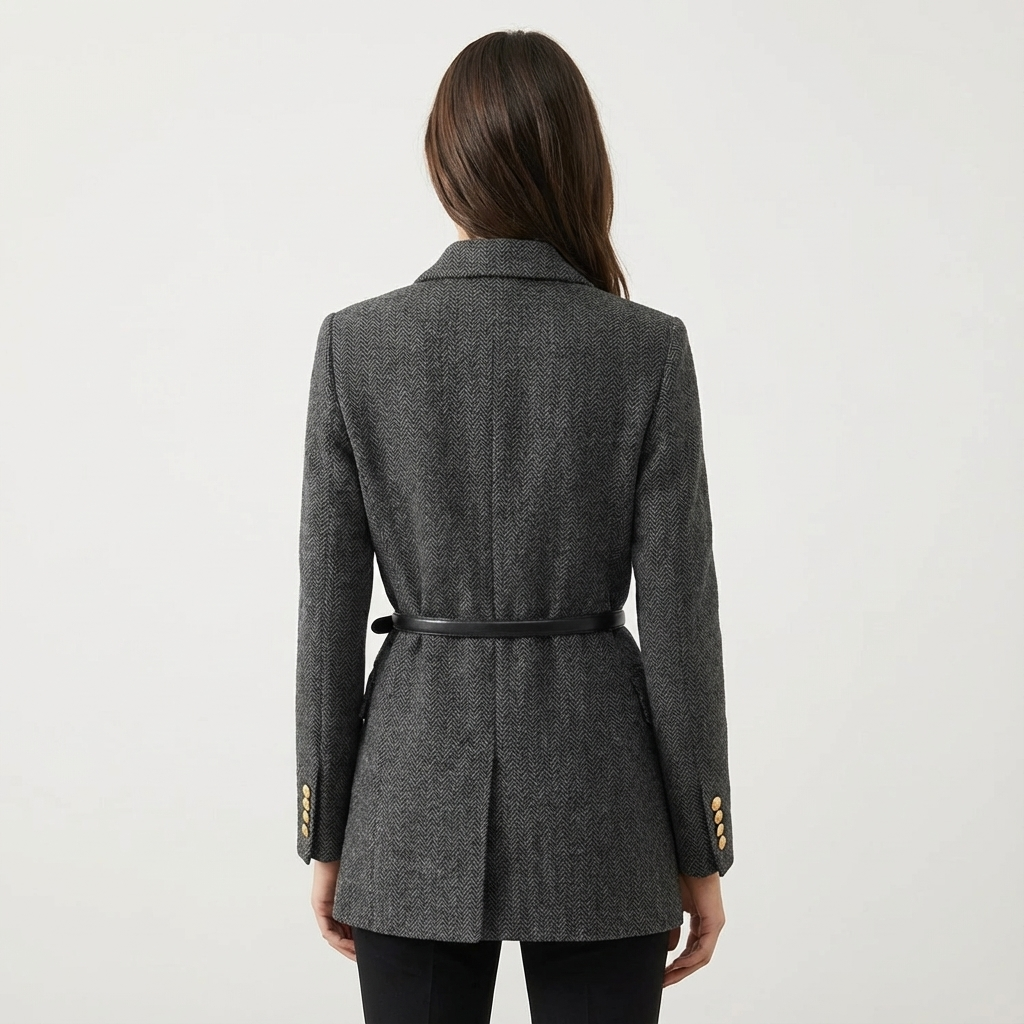 Dames Tweed Mantel Dubbelrijig Met Ceintuur