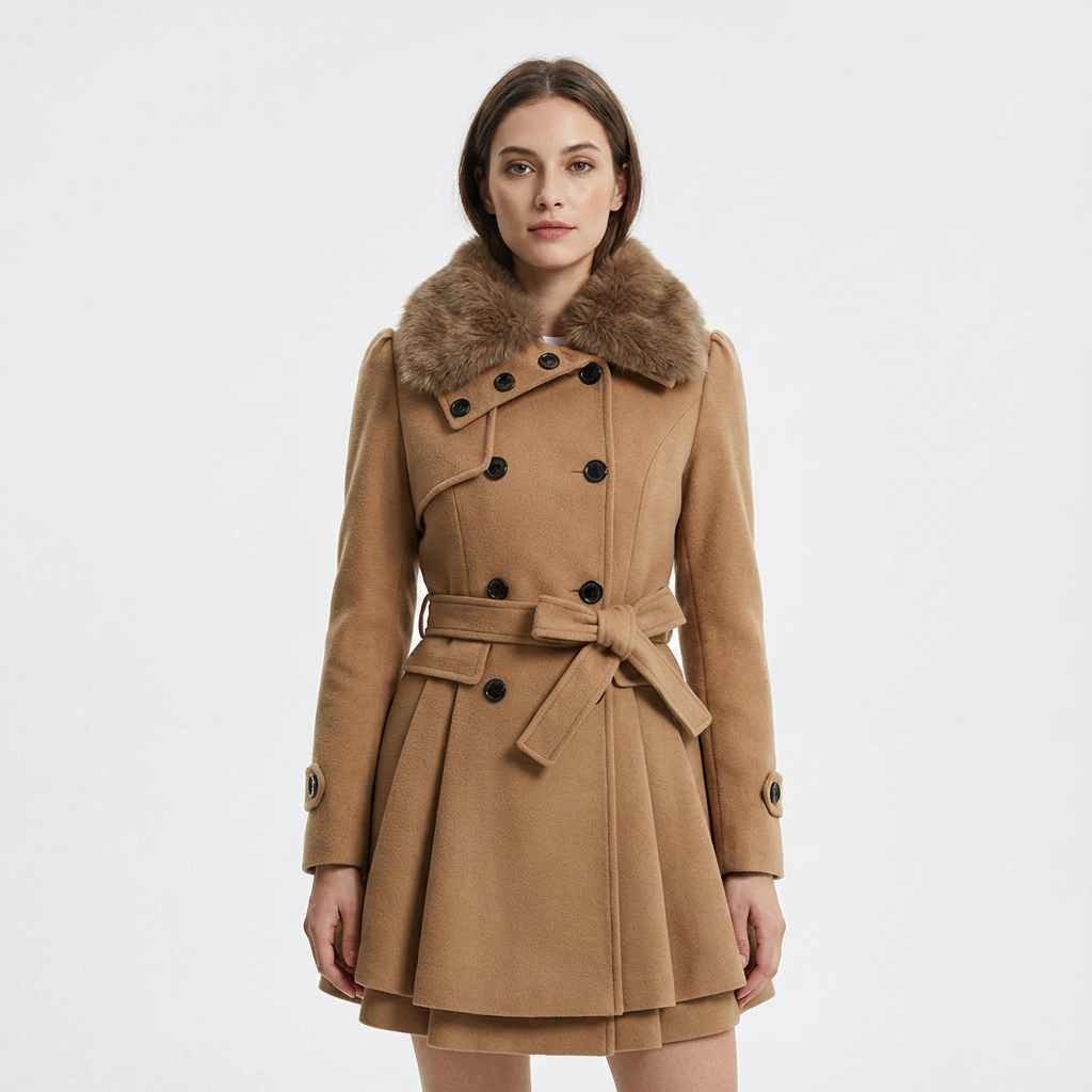 Dames Mantel Wolmix Met Bontkraag