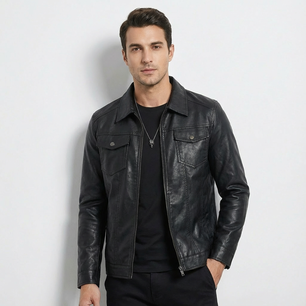 Heren Leren Bikerjack Zwart | Ritssluiting