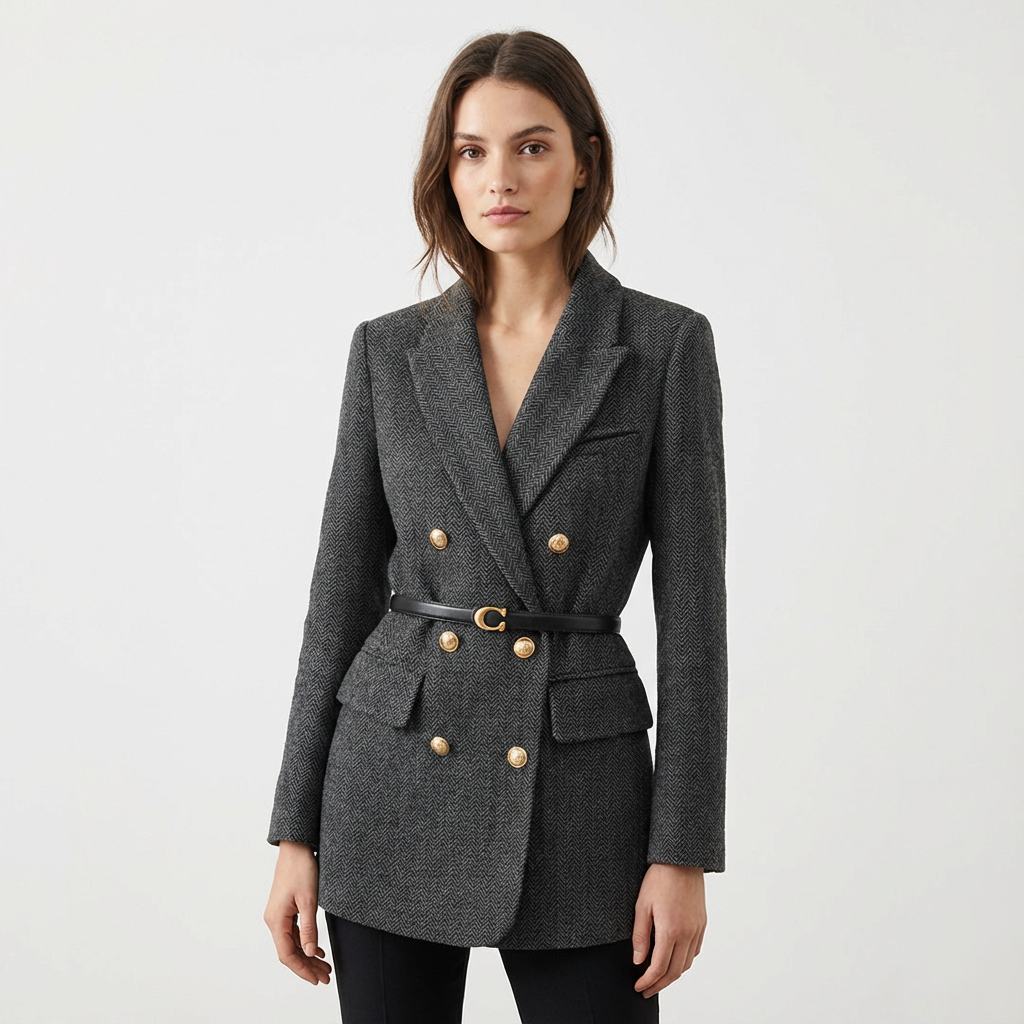 Dames Tweed Mantel Dubbelrijig Met Ceintuur