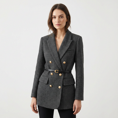 Dames Tweed Mantel Dubbelrijig Met Ceintuur