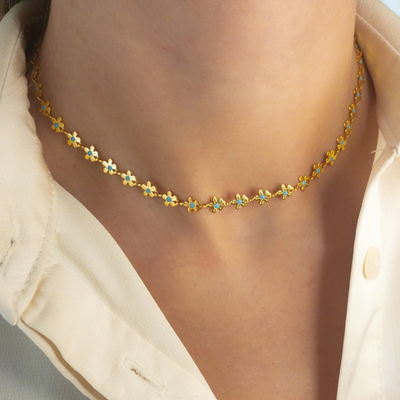 Gouden Bloemen Ketting Blauw Dames