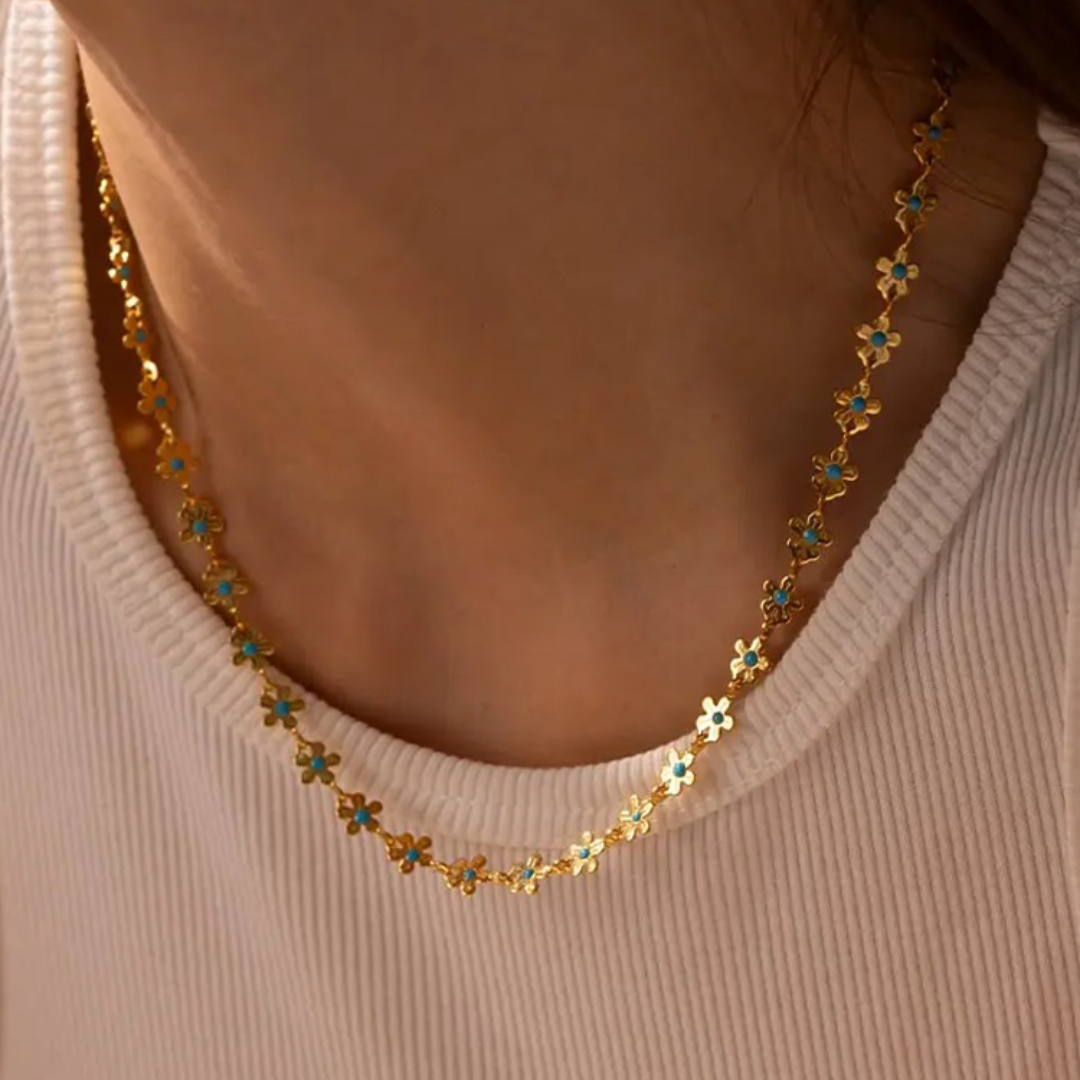 Gouden Bloemen Ketting Blauw Dames