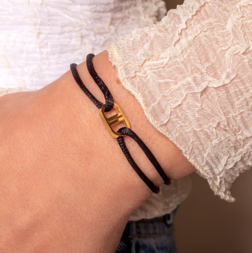 Zwarte Koord Armband met Gouden Detail Dames