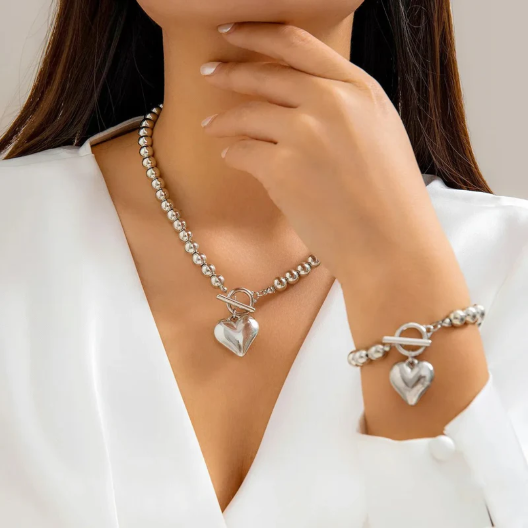Dames Parel Hart Ketting en Armband Set