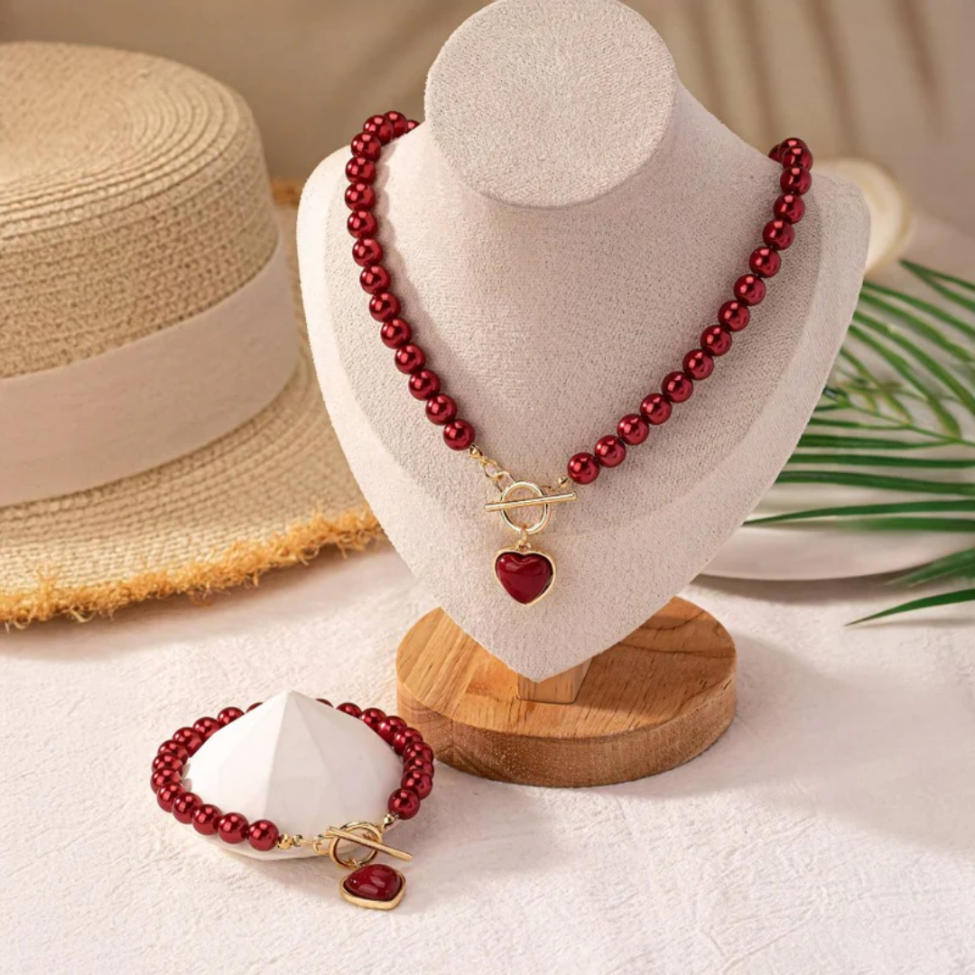Dames Parel Hart Ketting en Armband Set