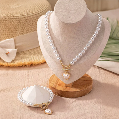 Dames Parel Hart Ketting en Armband Set