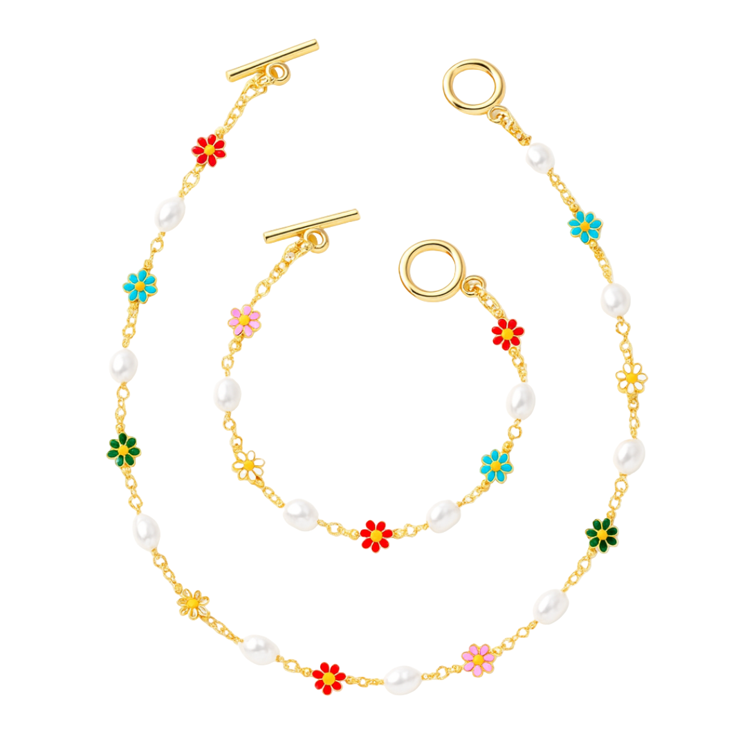 Dames Bloemen Parel Ketting en Armband Set