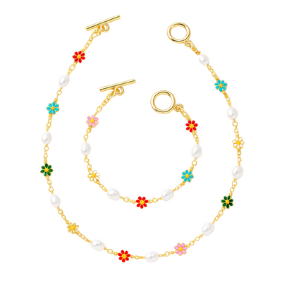 Dames Bloemen Parel Ketting en Armband Set