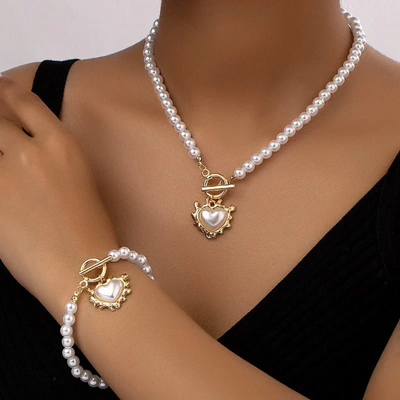 Dames Parel Hart Ketting en Armband Set