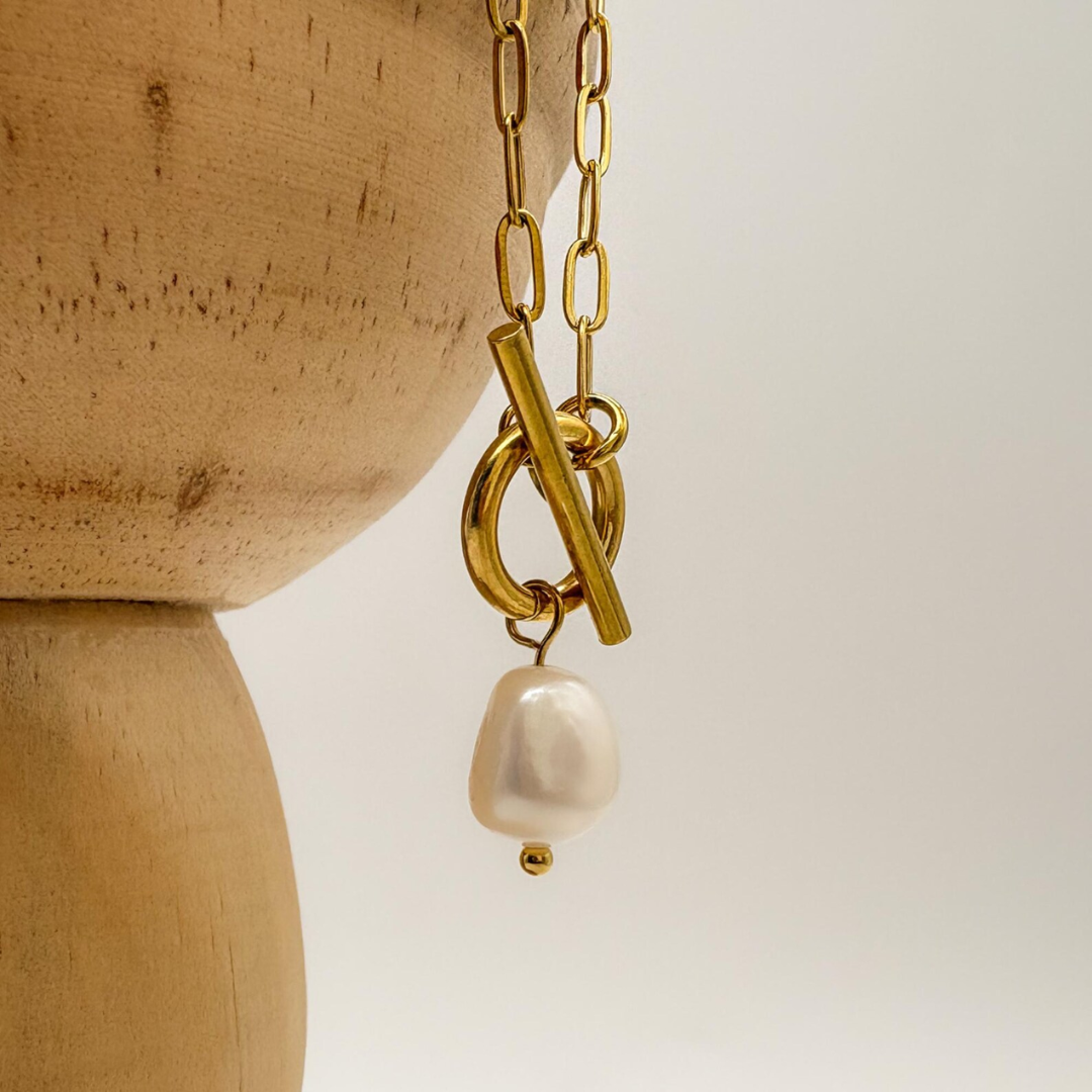 Ketting Dames Zoetwaterparel T-Bar RVS