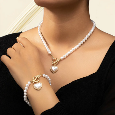 Dames Parel Hart Ketting en Armband Set