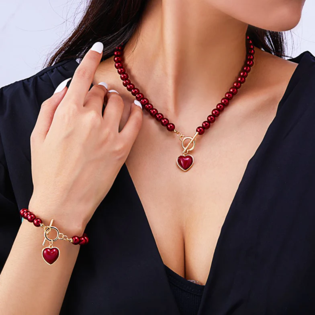 Dames Parel Hart Ketting en Armband Set