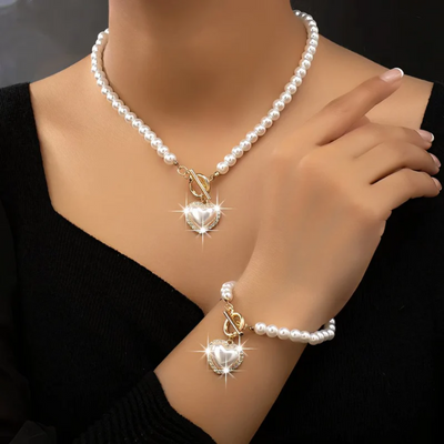 Dames Parel Hart Ketting en Armband Set