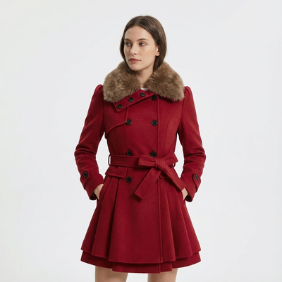 Dames Mantel Wolmix Met Bontkraag