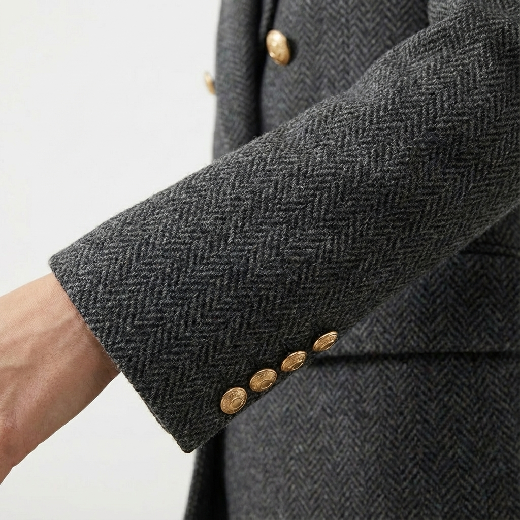 Dames Tweed Mantel Dubbelrijig Met Ceintuur