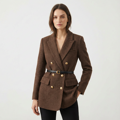 Dames Tweed Mantel Dubbelrijig Met Ceintuur